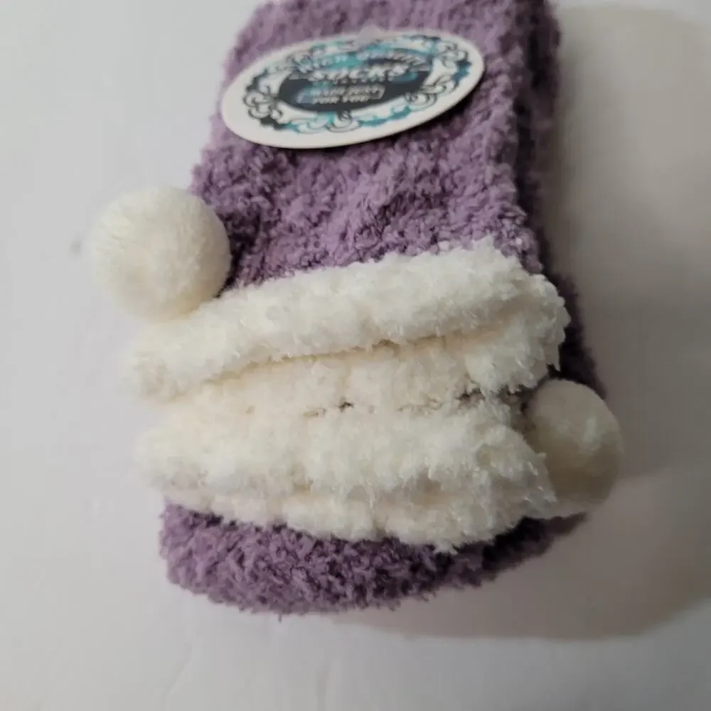 Charming Purple & White Pom-Pom Trim Cozy Socks